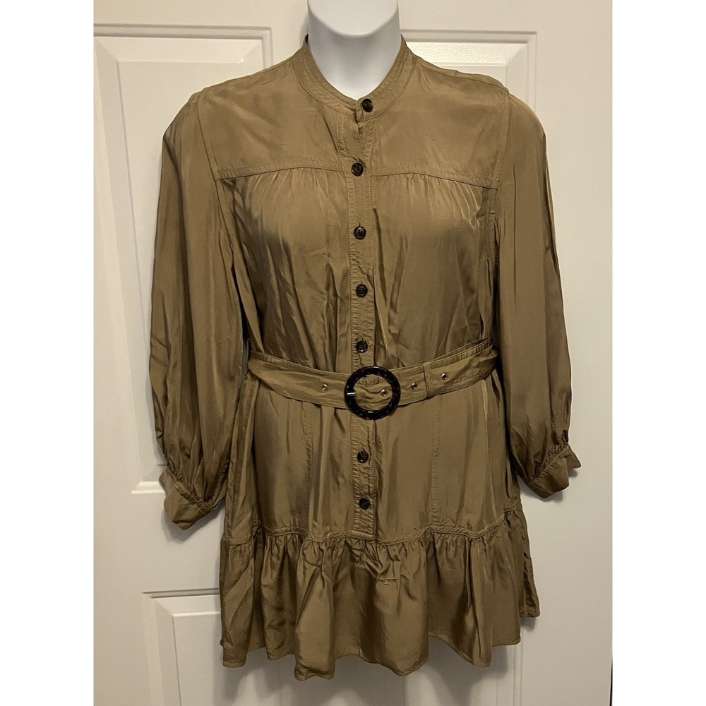 Banana Republic Sz Large Belted Long Sleeve Rayon Button Up Dress Brown